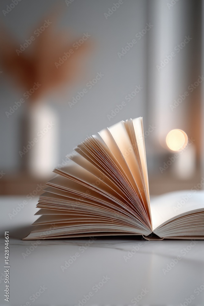 Poster solitary open book on clean table pages slightly turned with expansive blank page behind it as copy 