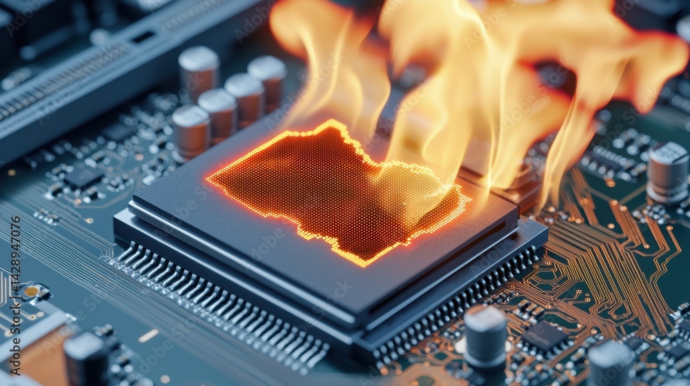 Poster gpu temperature concept, detailed heat map overlay on gpu circuit board highlighting thermal perform