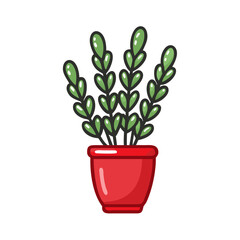 Cartoon Potted Plant Illustration in Red Pot on Black