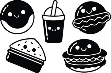 bakery and fast food silhouette vector icon set, set of easter eggs, fast food vector icons, fast food symbol icons, fast food collection, set of vector icons of food, set of different food icons.