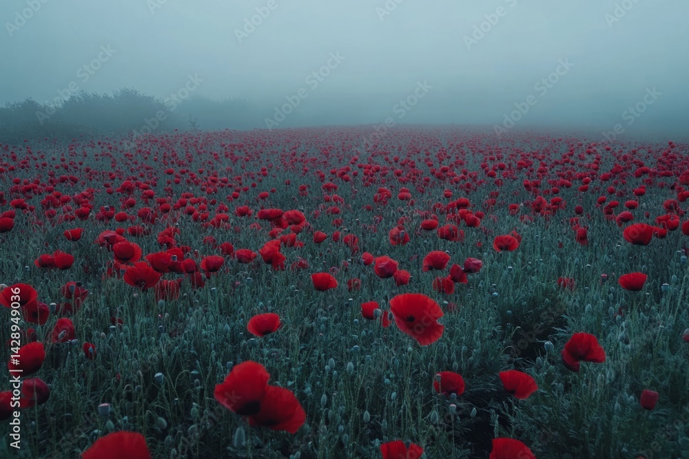 Poster red poppies blooming in a misty field at dawn create a serene and evocative scene