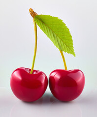 Zwei Kirschen mit Blatt, Obst, Zwilling, Kirschblatt, isoliert, 