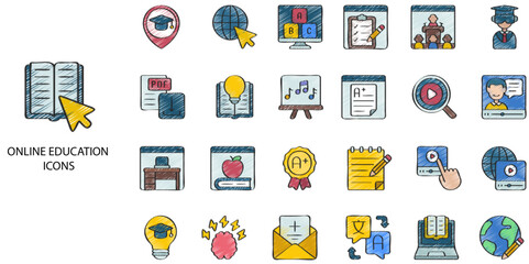 Online Education simple concept 24 hand drawn color icons set. Contains such e-learning, healthcare and medicine .Vector illustration.