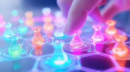 Holographic Crypto Quest, an immersive board game featuring floating bull tokens and luminous crypto chart tiles that create a dynamic gaming experience in a futuristic setting