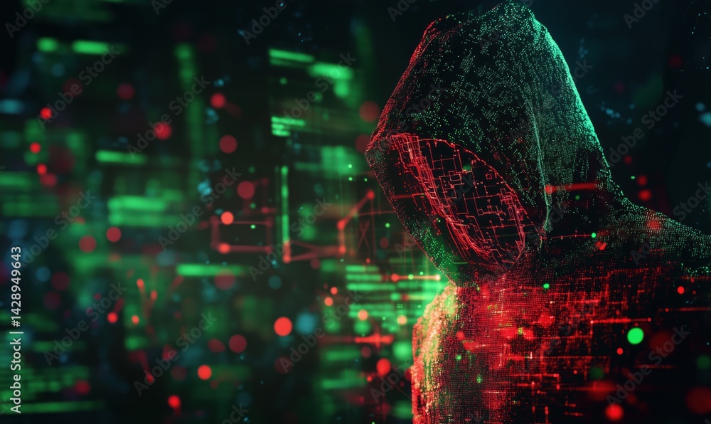 Poster hacker in hoodie surrounded by digital data and code in green and red colors