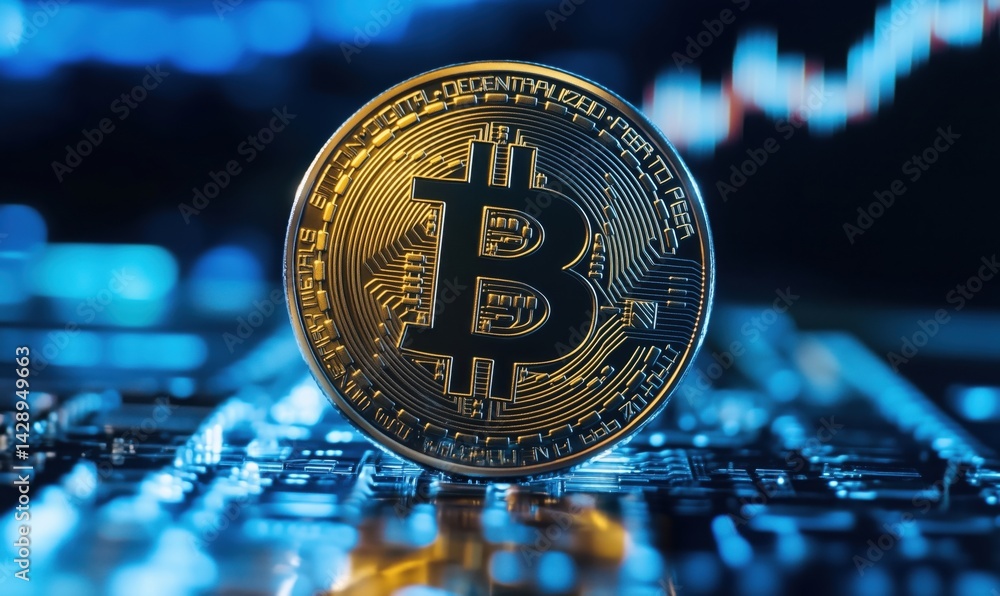 Aufkleber bitcoin cryptocurrency coin standing on keyboard with digital trading background