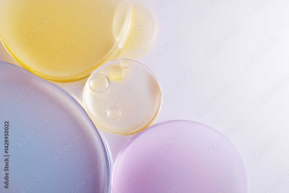 Poster capture minimalistic close-up of various colorful liquid shapes merging on plain white surface