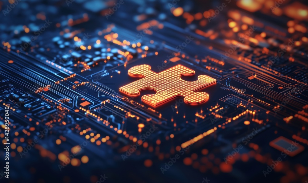 Poster puzzle piece on circuit board representing technology integration and problem solving