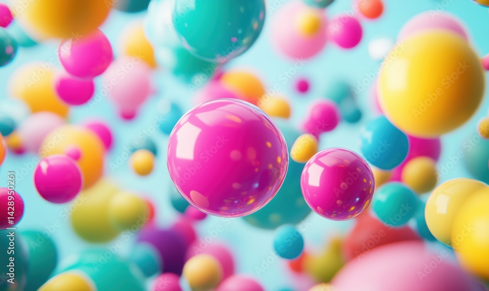 Poster colorful abstract spheres floating in vibrant background with soft focus effect