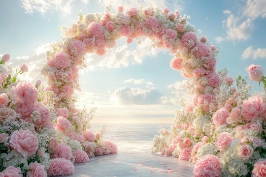 Beautiful pink and white floral archway overlooking a tranquil ocean setting, creating a perfect backdrop for a romantic wedding ceremony