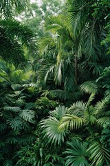 Lush tropical jungle filled with dense green palm leaves and rainforest trees