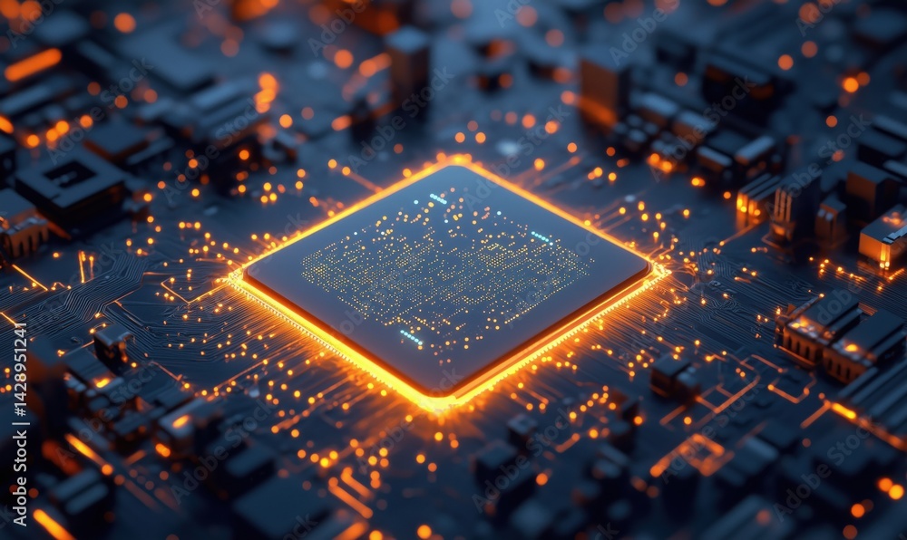 Poster futuristic microprocessor with glowing circuitry and intricate design details