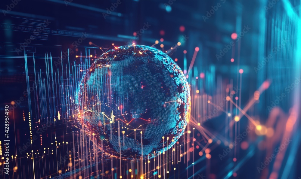 Poster digital globe with data visualization and network connections in futuristic technology environment
