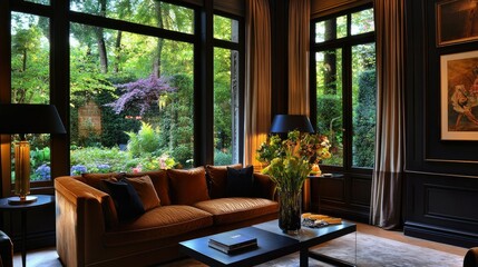Fototapeta premium Richly decorated interior with a brown velvet sofa, accent lighting, and a peaceful garden view through oversized windows