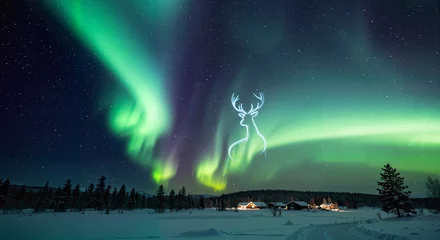 Photo sur Plexiglas Mystical reindeer silhouette under the Northern Lights at night  