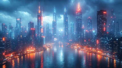 Futuristic cityscape illuminated with neon lights reflecting on