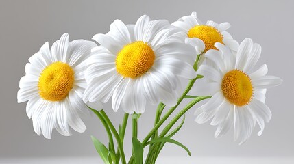 Obraz premium Four white daisies with yellow centers, arranged in a bouquet, against a plain grey background