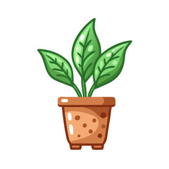 Cartoon Potted Plant Illustration with Leaves Isolated on Black