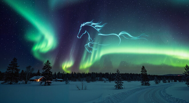 ethereal horse silhouette dancing under northern lights  