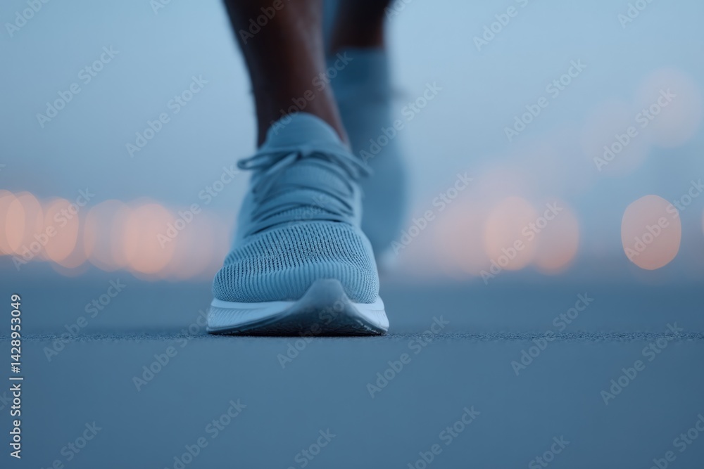 Poster close-up of runner feet in motion on empty road symbolizing global running day