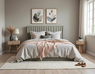 Serene bedroom scene with minimalist décor and soft muted tones