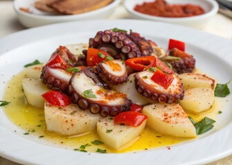 plate of cooked octopus tentacles with red peppers, tomatoes, and potatoes, topped with olive oil and seasoning.