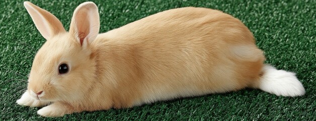 Cute light brown rabbit stretches on green grass and gazes curiously, showcasing its large ears and long legs in a vibrant outdoor setting