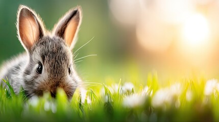 Cute light brown rabbit stretches on green grass and gazes curiously, showcasing its large ears and long legs in a vibrant outdoor setting
