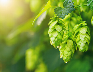 Green hops with water drops hanging from vine, bright morning light. Nature concept.