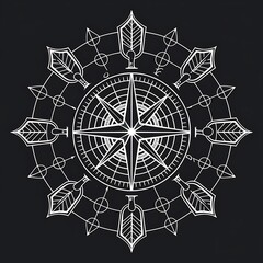 Fototapeta premium Vegvisir Viking Rune Compass Ancient Norse navigation Symbol With Geometric Arrows Ancient Nordic Symbols Representing Norse Mythology and Spiritual Protection on Black Backgroung Viking tattoo design