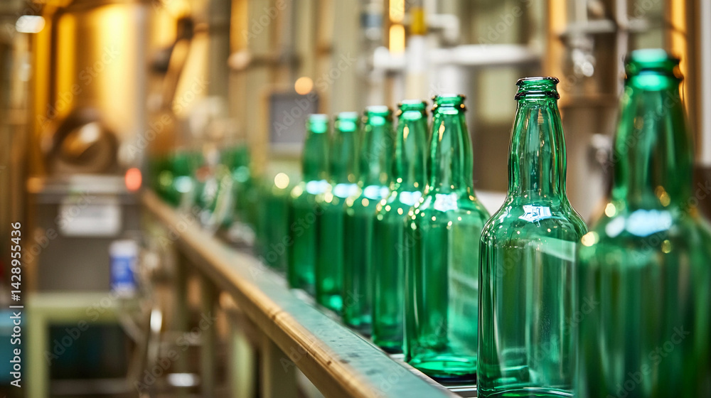Poster Green glass bottles on production line in factory setting Generative AI