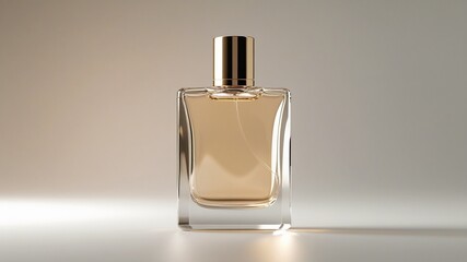 A single high-quality, elegant perfume bottle with a minimalist and luxurious design, made of crystal-clear glass with soft reflections and highlights