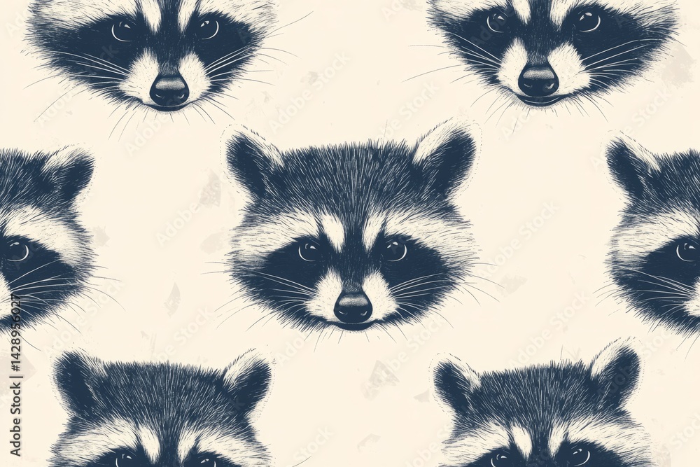 Poster raccoon faces create a seamless pattern, adding a touch of nature and whimsy to any design project