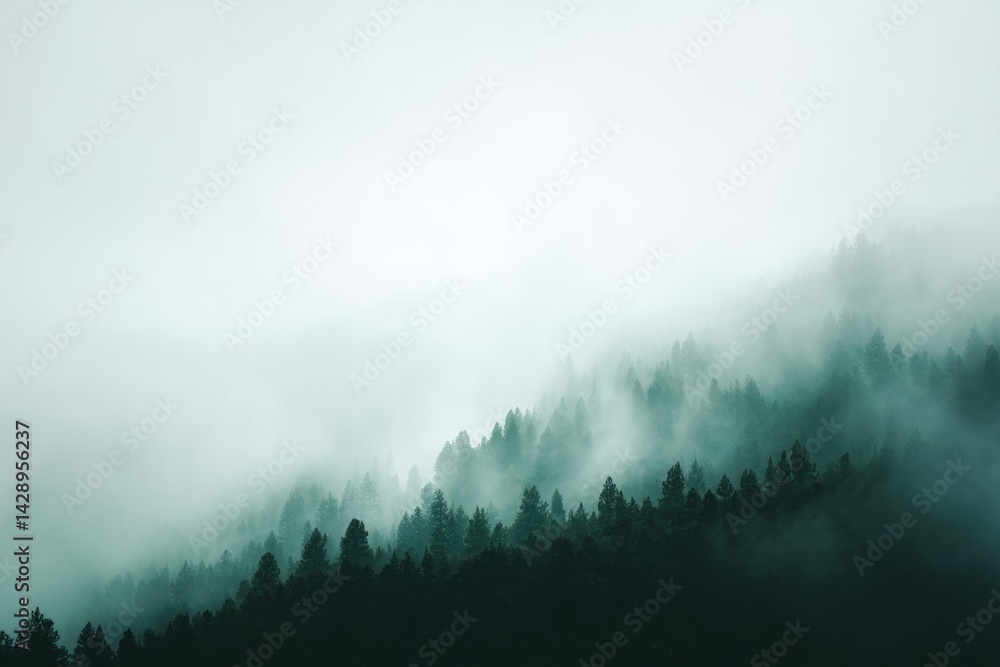 Poster drone aerial top-down view of fog and haze blending into serene landscape with ample copy space reve