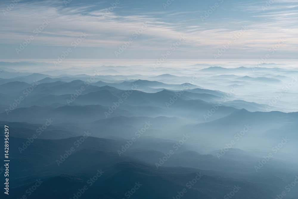 Poster drone aerial top-down view of fog and haze blending into serene landscape with ample copy space reve