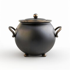 Dark, round cauldron with a bronze-toned lid and handles.