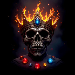 Fiery Crowned Skull with Gems and Glowing Orbs
