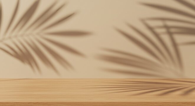 3D background wood pedestal podium on natural palm leaf shadow pastel beige backdrop. Tropical product promotion: wooden display of beauty cosme. Nude Studio Minimal showcase 3D render advertisement.
