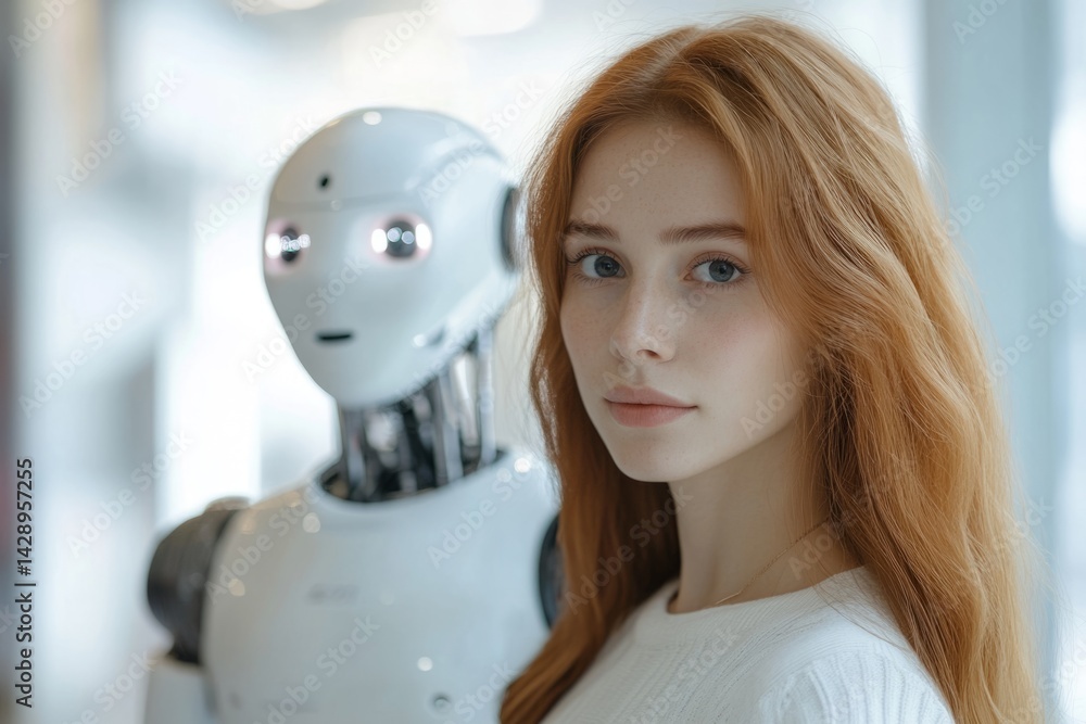 Aufkleber female engineer presenting new humanoid robot in a laboratory environment, showcasing advancements i
