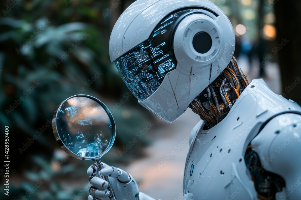 Poster humanoid robot with hud interface holding magnifying glass exploring nature in futuristic concept