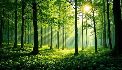 Naklejka premium Sun Rays Streaming Through Green Forest Trees in a Lush Landscape