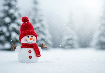 Fototapeta premium 雪景色に微笑む雪だるま 優しい光と赤色のマフラー