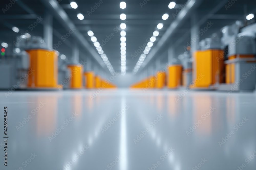 Poster minimalistic factory floor showcasing advanced robotics and automated machinery with ample copy spac