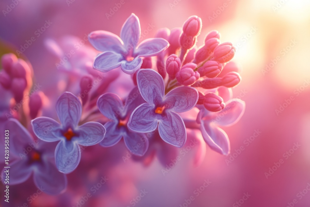 Poster lilac flowers blooming at sunset, creating a beautiful display of light and color with a shallow dep