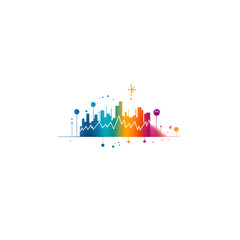 Obraz premium Vibrant stylized of a modern city skyline with colorful geometric shapes and data visualization elements