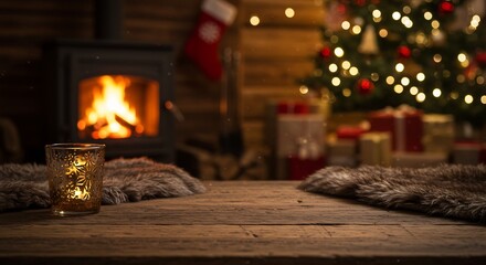 暖炉の温かい光とクリスマスツリー 穏やかな夜 木のテーブル