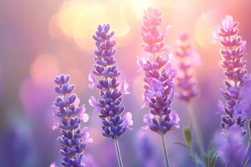 Obraz premium Beautiful lavender flowers blooming in a field at sunset, creating a serene and peaceful atmosphere