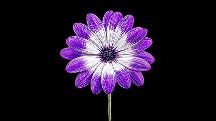A single purple and white flower with a dark center, isolated on a black background