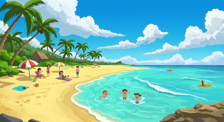 Naklejka premium Tropical Beach Fun: Vibrant Cartoon Family Summer AI Generated