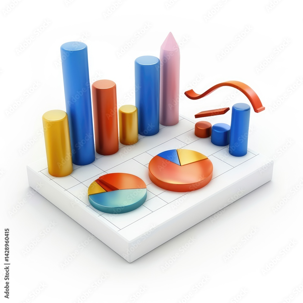 Poster colorful statistical charts displayed on a white grid.